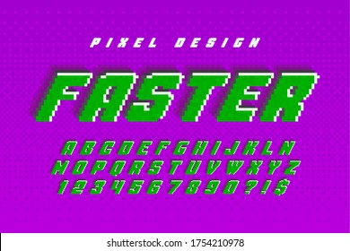 Pixel vector alphabet design, stylized like in 8-bit games. High contrast, retro-futuristic. Easy swatch color control.