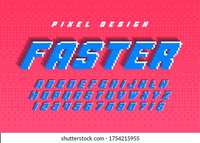Pixel vector alphabet design, stylized like in 8-bit games. High contrast, retro-futuristic. Easy swatch color control.
