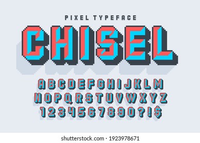 Pixel vector alphabet design, stylized like in 8-bit games. Chisel crafted. High contrast, retro-futuristic. 