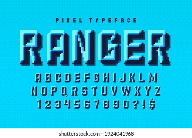 Pixel vector alphabet design, stylized like in 8-bit games. Chisel crafted. High contrast, retro-futuristic. 