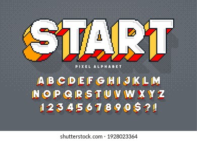 Pixel vector alphabet design, stylized like in 8-bit games. High contrast, retro-futuristic. Easy swatch color control.