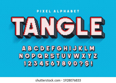 Pixel vector alphabet design, stylized like in 8-bit games. High contrast, retro-futuristic. Easy swatch color control.