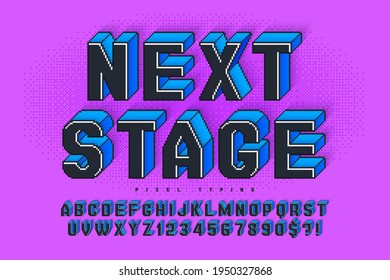 Pixel vector alphabet design, stylized like in 8-bit games. High contrast and sharp, retro-futuristic. Easy swatch color control. Resize effect.