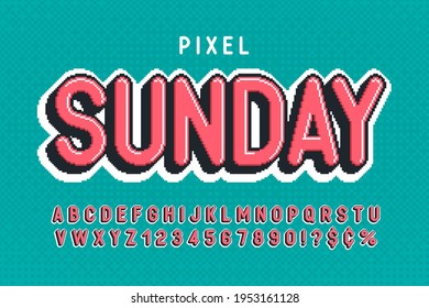 Pixel vector alphabet design, stylized like in 8-bit games. High contrast and sharp, retro-futuristic. Easy swatch color control. Resize effect.