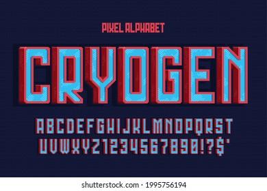 Pixel vector alphabet design, stylized like in console games. High contrast, retro-futuristic. Easy swatch color control.