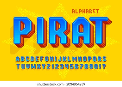 Pixel vector alphabet design, stylized like in 8-bit games. High contrast and sharp, retro-futuristic. Easy swatch color control. Resize effect.