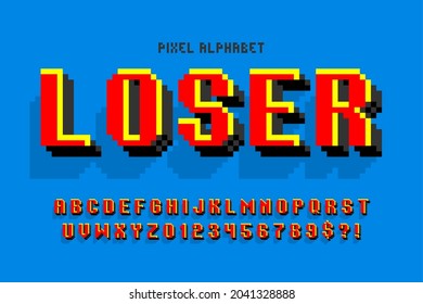 Pixel vector alphabet design, stylized like in 8-bit games. High contrast and sharp, retro-futuristic. Easy swatch color control. Resize effect.