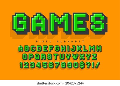 Pixel vector alphabet design, stylized like in 8-bit games. High contrast and sharp, retro-futuristic. Easy swatch color control. Resize effect.