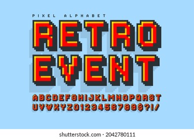 Pixel vector alphabet design, stylized like in 8-bit games. High contrast and sharp, retro-futuristic. Easy swatch color control. Resize effect.