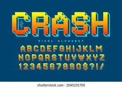 Pixel vector alphabet design, stylized like in 8-bit games. High contrast and sharp, retro-futuristic. Easy swatch color control. Resize effect.