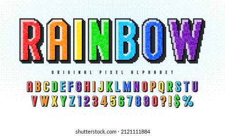 Pixel vector alphabet design, stylized like in 8-bit games. High contrast and sharp, retro-futuristic. Easy swatch color control. Resize effect.