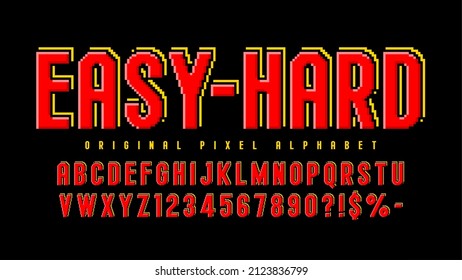 Pixel vector alphabet design, stylized like in 8-bit games. High contrast and sharp, retro-futuristic. Easy swatch color control. Resize effect.