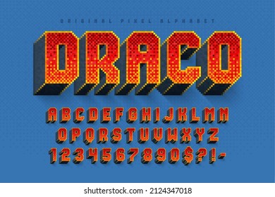 Pixel vector alphabet design, stylized like in 8-bit games. High contrast and sharp, retro-futuristic. Easy swatch color control. Resize effect.