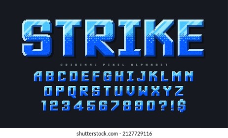 Pixel vector alphabet design, stylized like in 8-bit games. High contrast and sharp, retro-futuristic. Easy swatch color control. Resize effect.