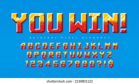 Pixel vector alphabet design, stylized like in 8-bit games. High contrast and sharp, retro-futuristic. Easy swatch color control. Resize effect.
