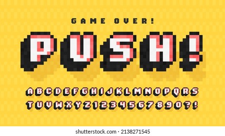 Pixel vector alphabet design, stylized like in 8-bit games. High contrast and sharp, retro-futuristic. Easy swatch color control. Resize effect.