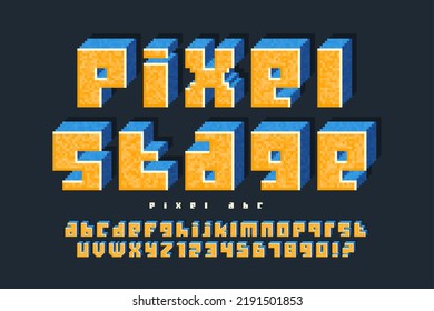 Diseño de alfabeto vector de píxeles, estilizado como en juegos de 8 bits. Alto contraste y afilado, retro-futurista. Control de color de muestra sencillo. Redimensionar el efecto.