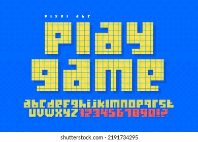 Pixel vector alphabet design, stylized like in 8-bit games. High contrast and sharp, retro-futuristic. Easy swatch color control. Resize effect.