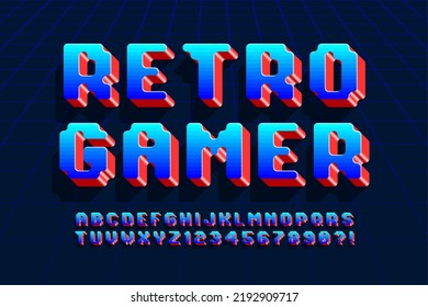 Pixel vector alphabet design, stylized like in 8-bit games. High contrast and sharp, retro-futuristic. Easy swatch color control.