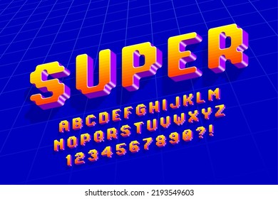 Pixel vector alphabet design, stylized like in 8-bit games. High contrast and sharp, retro-futuristic. Easy swatch color control.