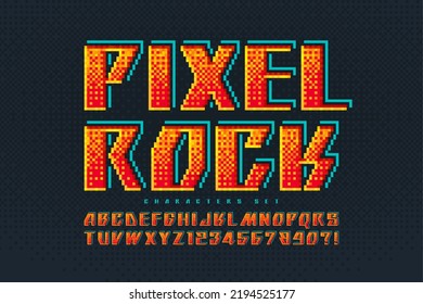 Pixel vector alphabet design, stylized like in 8-bit games. High contrast and sharp, retro-futuristic. Easy swatch color control.