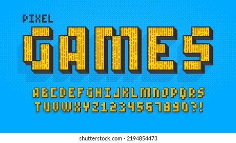 Pixel vector alphabet design, stylized like in 8-bit games. High contrast and sharp, retro-futuristic. Easy swatch color control.