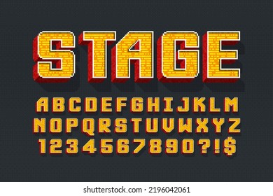 Pixel vector alphabet design, stylized like in 8-bit games. High contrast and sharp, retro-futuristic. Easy swatch color control.