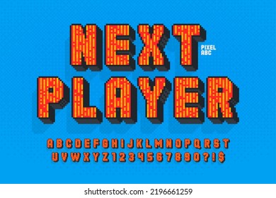 Pixel vector alphabet design, stylized like in 8-bit games. High contrast and sharp, retro-futuristic. Easy swatch color control.