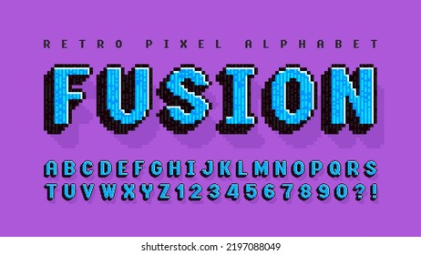 Diseño de alfabeto vector de píxeles, estilizado como en juegos de 8 bits. Alto contraste y afilado, retro-futurista. Control de color de muestra sencillo.