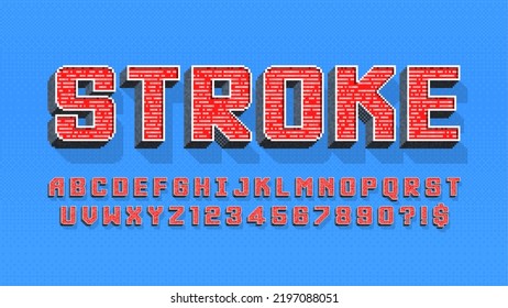 Pixel vector alphabet design, stylized like in 8-bit games. High contrast and sharp, retro-futuristic. Easy swatch color control.
