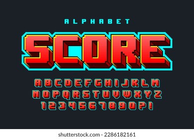 Pixel vector alphabet design, stylized like in 8-bit games. High contrast and sharp, retro-futuristic. Easy swatch color control. 