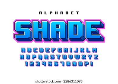 Pixel vector alphabet design, stylized like in 8-bit games. High contrast and sharp, retro-futuristic. Easy swatch color control. 