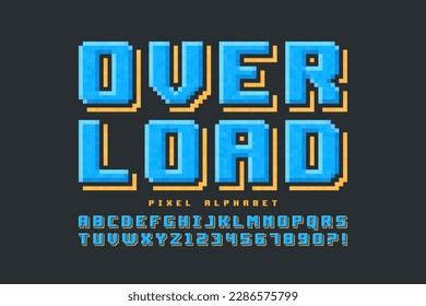 Pixel vector alphabet design, stylized like in 8-bit games. High contrast and sharp, retro-futuristic. Easy swatch color control. 