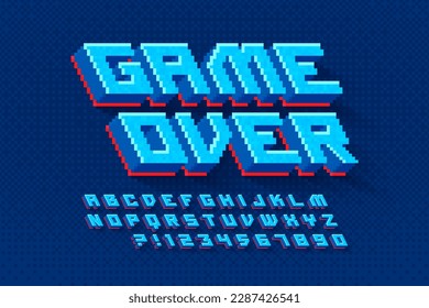 Pixel vector alphabet design, stylized like in 8-bit games. High contrast and sharp, retro-futuristic. Easy swatch color control.