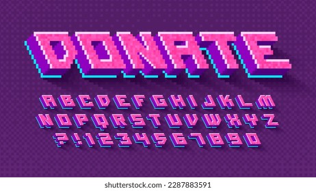 Pixel vector alphabet design, stylized like in 8-bit games. High contrast and sharp, retro-futuristic. Easy swatch color control.