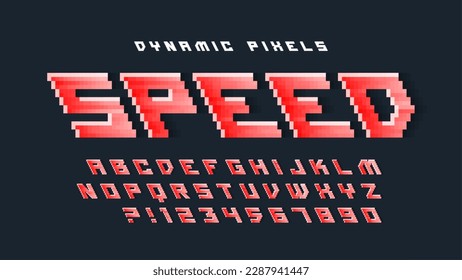 Diseño de alfabeto vector de píxeles, estilizado como en juegos de 8 bits. Alto contraste y afilado, retro-futurista. Control de color de muestra sencillo.