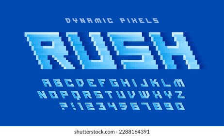 Pixel vector alphabet design, stylized like in 8-bit games. High contrast and sharp, retro-futuristic. Easy swatch color control.