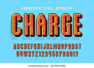 Pixel vector alphabet design, stylized like in 8-bit games. High contrast and sharp, retro-futuristic. Easy swatch color control. 