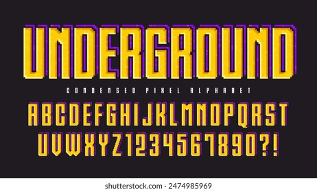 Pixel vector alphabet design, stylized like in 8-bit games. High contrast and sharp, retro-futuristic. Easy swatch color control. 