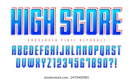 Pixel vector alphabet design, stylized like in 8-bit games. High contrast and sharp, retro-futuristic. Easy swatch color control. 