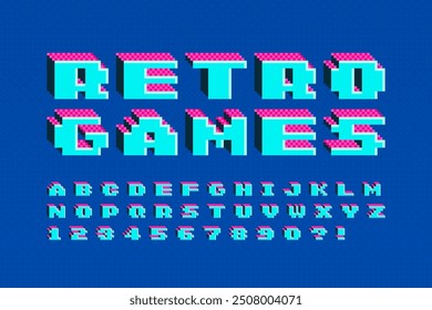 Diseño de alfabeto de Vector de píxeles, estilizado como en los juegos de 8 bits. Alto contraste y agudo, retro-futurista. Fácil control del color de la muestra. Cambiar el tamaño del efecto.