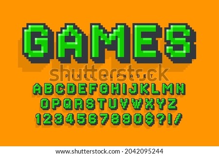 Pixel vector alphabet design, stylized like in 8-bit games. High contrast and sharp, retro-futuristic. Easy swatch color control. Resize effect.