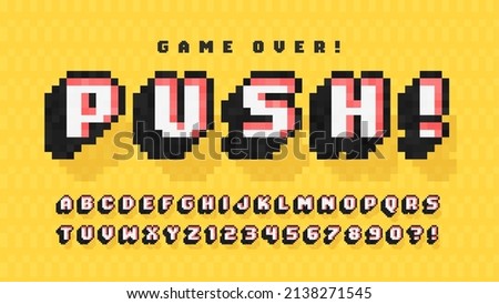 Pixel vector alphabet design, stylized like in 8-bit games. High contrast and sharp, retro-futuristic. Easy swatch color control. Resize effect.