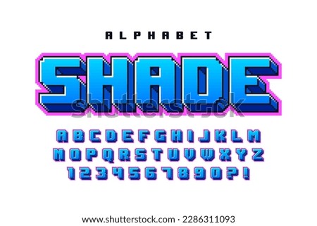 Pixel vector alphabet design, stylized like in 8-bit games. High contrast and sharp, retro-futuristic. Easy swatch color control. 