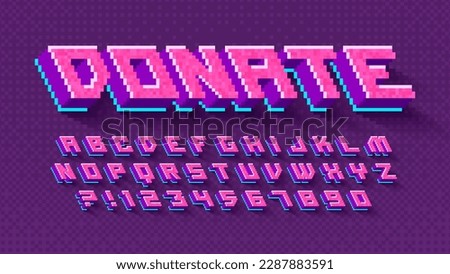 Pixel vector alphabet design, stylized like in 8-bit games. High contrast and sharp, retro-futuristic. Easy swatch color control.