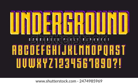 Pixel vector alphabet design, stylized like in 8-bit games. High contrast and sharp, retro-futuristic. Easy swatch color control. 