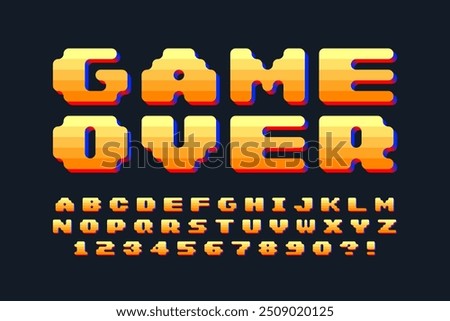 Pixel vector alphabet design, stylized like in 8-bit games. High contrast and sharp, retro-futuristic. Easy swatch color control. Resize effect.