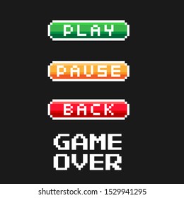 Pixel vector art 8 bit health heart bar. Game menu button - play, pause, back. Gaming controller, symbols set.