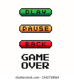 Pixel vector art 8 bit health heart bar. Game menu button - play, pause, back. Gaming controller, symbols set.