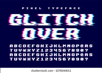 Pixel vector font design with glitch effect. 2 in 1. Retro-futuristic. Swatch color control.